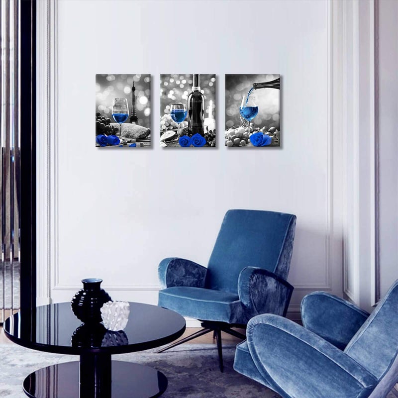 KAKEMONO Wine Rose Artwork for Home Walls - Black and White With Blue Wine Painting - Dining Room Decor - Blue Kitchen Pictures - Wall Decor - Stretched 12x16inches x3 - Image 5